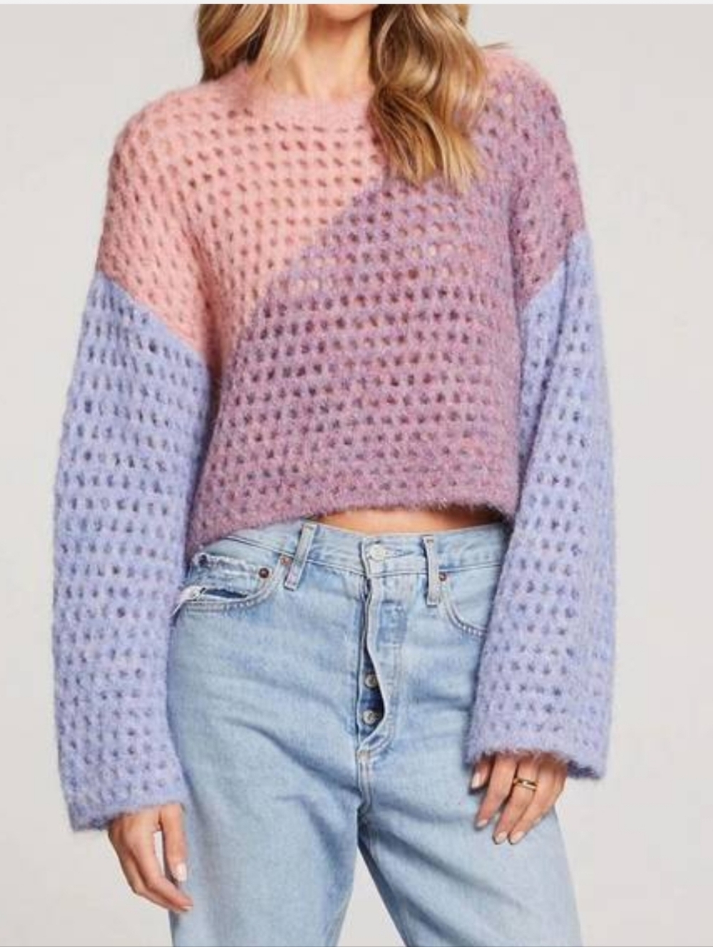 Saltwater LUXE Kourt Open Weave Color Block Cropped Oversized Sweater XS